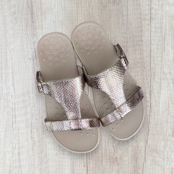 VIONIC Ellie Snake Metallic Gold Pewter Slide Sandals Women's Size 7 WIDE - Picture 1 of 6